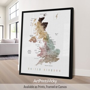 Detailed UK Map Print | British Framed Map | United Kingdom Wall Map Poster | England Map Canvas | Map of England | ArtPrintsVicky