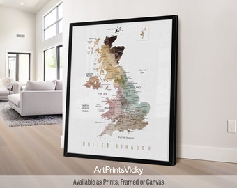 Detailed UK Map Print | British Framed Map | United Kingdom Wall Map Poster | England Map Canvas | Map of England | ArtPrintsVicky