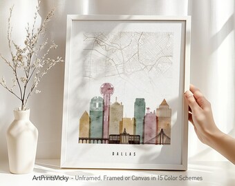 Dallas Map Art Print | Watercolor Skyline, Unique City Gift | ArtPrintsVicky