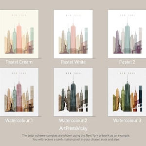a set of four watercolor paintings of city buildings