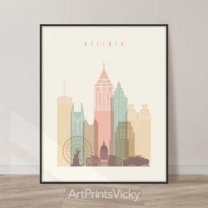 Atlanta Modern City Wall Print in Warm Pastels, Vertical, Framed, Unframed or Canvas | ArtPrintsVicky