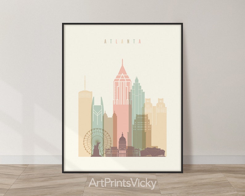 Atlanta Modern City Wall Print in Warm Pastels, Vertical, Framed, Unframed or Canvas | ArtPrintsVicky