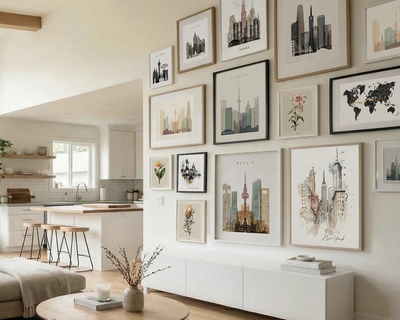 The image is a modern living room with a gallery wall featuring various framed artworks depicting cityscapes and landscapes. The room has a clean, minimalist aesthetic with white walls, a wooden floor, and a white sofa.