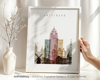 Amsterdam skyline print, Amsterdam watercolour poster, Wall art, Netherlands cityscape, City print, Travel poster, ArtPrintsVicky