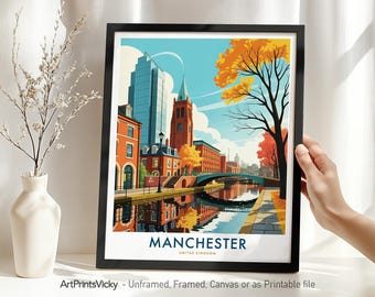 Manchester UK Travel Print Skyline Poster, Cityscape Wall Art Decor for Home or Office, Wall Hanging, Housewarming Gift
