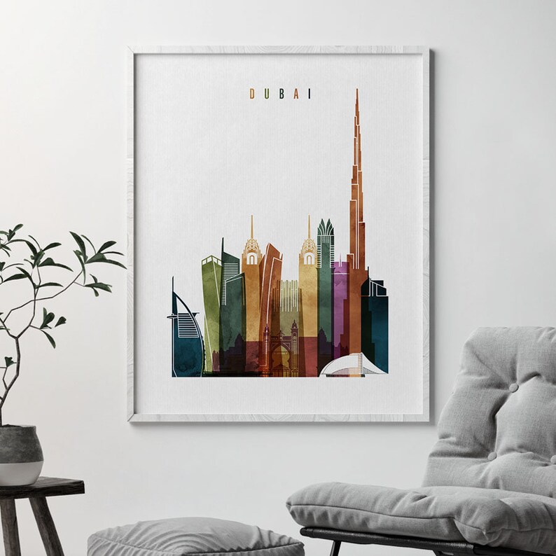 Dubai Poster Dubai Skyline Print Watercolor Wall Art United Etsy