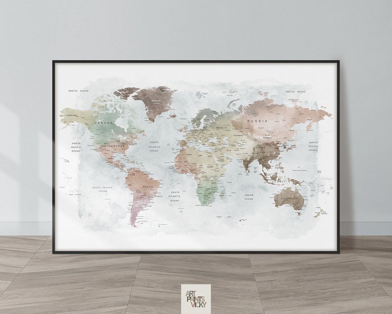 World Map Wall Art Large World Map Poster Detailed Map Canvas Wall Map Print Framed Personalised Map ArtPrintsVicky Smooth Tones