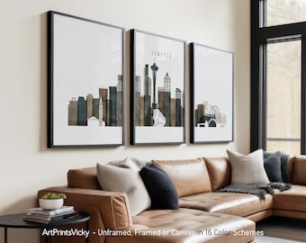 Seattle 3 Piece Wall Art Prints, Seattle Skyline Poster Set | ArtPrintsVicky
