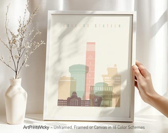 College Station Print, Poster Skyline, Texas wall art, Travel print, City poster, Personalised print | ArtPrintsVicky