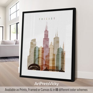 Chicago Contemporary Skyline Poster in Warm Watercolors, Vertical, Framed, Unframed or Canvas | ArtPrintsVicky