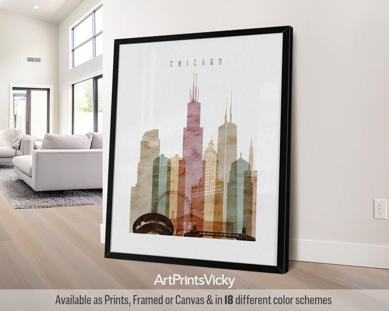 Chicago Contemporary Skyline Poster in Warm Watercolors, Vertical, Framed, Unframed or Canvas | ArtPrintsVicky