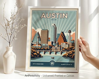 Austin poster | Print in Retro Style | Texas City Skyline | Travel Gifts | Wall Art Decor for Home or Office | ArtPrintsVicky