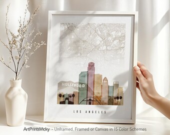 Los Angeles map print, City map with skyline poster watercolor | ArtPrintsVicky