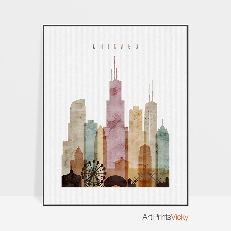 Chicago skyline Chicago art print Chicago poster wall art Etsy