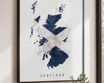 Scotland Map Flag Poster, Scottish Wall Art Print, Watercolor Map, Travel Decor Gift