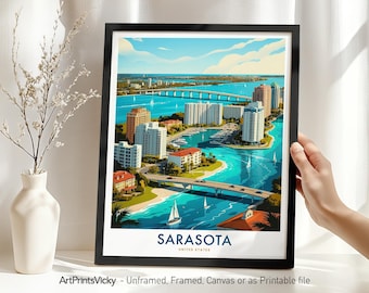 Sarasota Florida Travel Poster, Wall Art Print, Sarasota Cityscape Wall Hanging for Home Decor or Office, Housewarming Gift