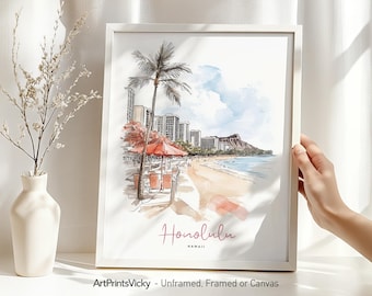Honolulu wall art print | Waikiki beach poster drawing | Home and office decor | ArtPrintsVicky