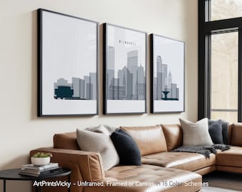 Milwaukee 3 Piece Wall Art Posters Framed, Unframed or Canvas in 16 Colour Schemes