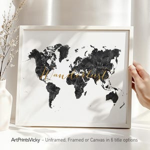 Wanderlust World map wall art | World map poster print | Personalised Map | Home decor | Black and White map | ArtPrintsVicky