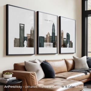 Charlotte 3 Piece Wall Art Prints, North Carolina Skyline Poster Set