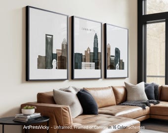Charlotte 3 Piece Wall Art Prints, Charlotte Skyline Poster Set | ArtPrintsVicky