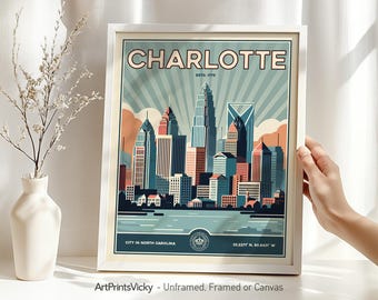 Charlotte NC Print | Charlotte Poster Wall Art in Retro style | Decor for Home and Office | Personalised Gift | ArtPrintsVicky