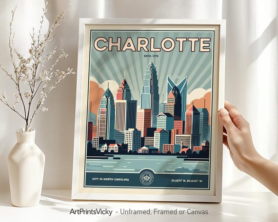 Charlotte NC Wall Art, Retro Poster, Travel Print, Home Decor