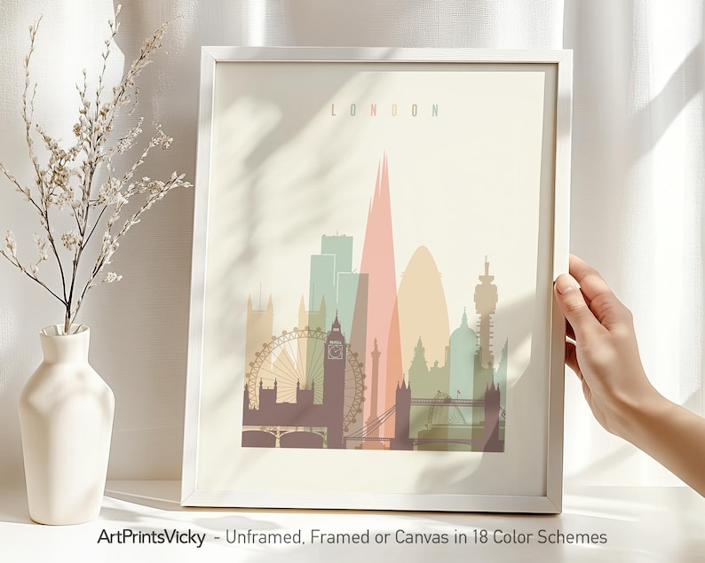London Modern City Print in Warm Pastels, Vertical, Framed, Unframed or Canvas | ArtPrintsVicky