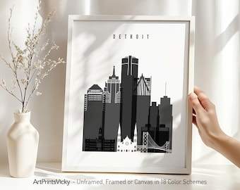 Detroit Skyline Wall Art Poster Framed, Unframed or Canvas in 18 Colour Schemes