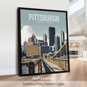 Pittsburgh Poster, Inspired Retro Travel Art Prints, in Earthy Tones, Featuring the city's aesthetic and its architecture landmarks, Sophisticated wall art for homes, offices, and unique gifts, Framed, Unframed or Canvas | ArtPrintsVicky