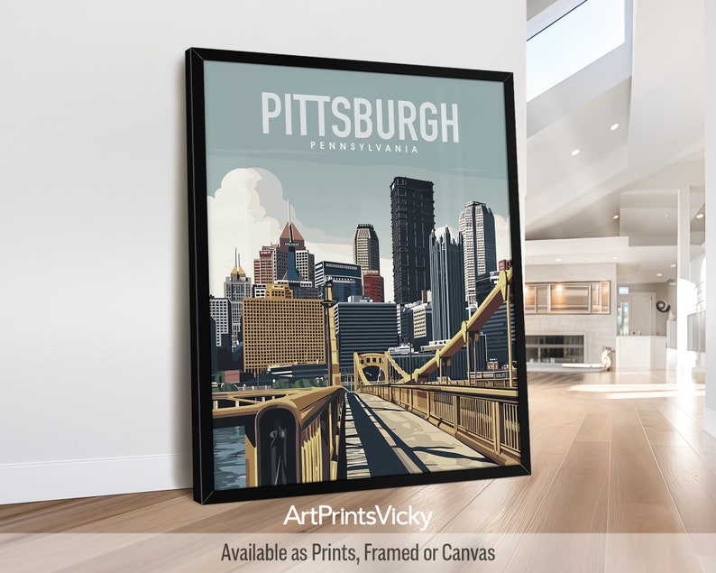 Pittsburgh Poster, Inspired Retro Travel Art Prints, in Earthy Tones, Featuring the city's aesthetic and its architecture landmarks, Sophisticated wall art for homes, offices, and unique gifts, Framed, Unframed or Canvas | ArtPrintsVicky