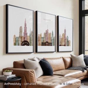 Set di 3 stampe ad acquerello di Chicago, set di poster dello skyline di Chicago / ArtPrintsVicky