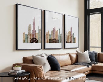 Chicago watercolor print set of 3, Chicago Skyline Poster Set | ArtPrintsVicky