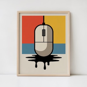 May include: A framed print featuring a computer mouse illustration. The mouse is depicted in a minimalist style with a beige body and black cord, set against a backdrop of red, yellow, and blue blocks. Black ink-like drips emanate from the mouse.