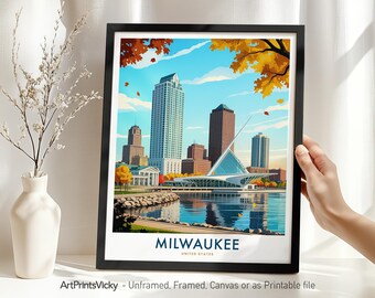 Milwaukee Skyline Travel Poster – Wisconsin, Milwaukee Print Skyline Wall Art | Modern Cityscape Art for Home Office Decor or Gift