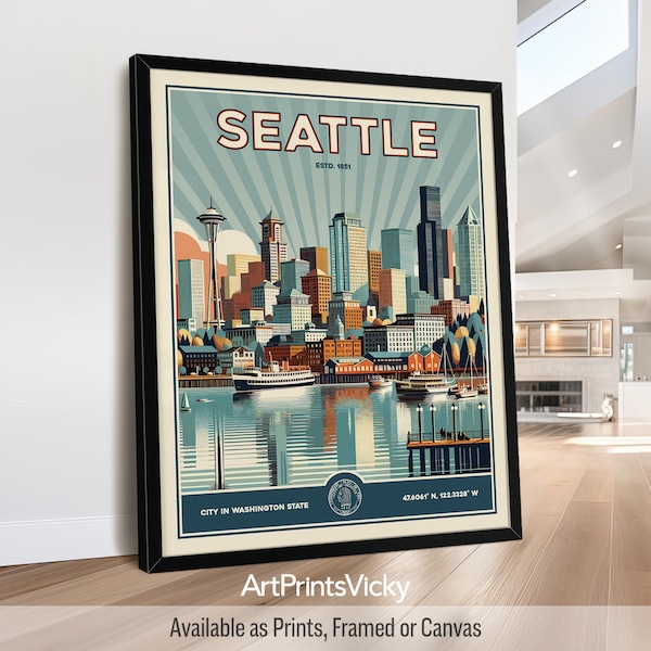 Seattle Print | Seattle Poster in Retro style | Washington wall art | Decor for Home and Office | Personalised Gift