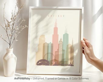 Chicago print, Chicago skyline poster, wall art, Chicago Illinois travel poster, Gift, ArtPrintsVicky