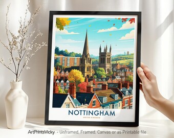 Nottingham Travel Print – UK, Nottingham Poster Skyline, Cityscape for Home Office Decor or Gift