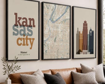 Kansas City Set of 3 Wall Art Prints, Missouri Map Skyline Typography Poster