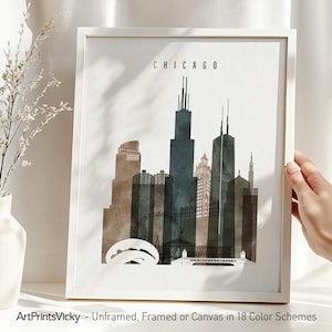 Stampa acquerello di Chicago, poster skyline, decorazione da viaggio, stampa personalizzata della città / ArtPrintsVicky