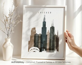 Chicago Watercolor Print, Poster Skyline, Travel Decor, Personalised City Print | ArtPrintsVicky