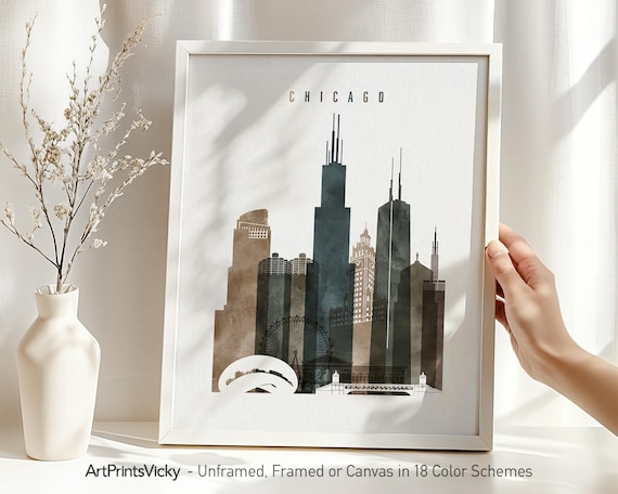 Chicago Watercolor Art Print, Illinois Travel Artwork, Skyline Posters