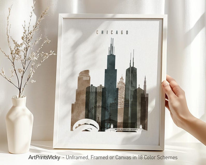 Chicago Modern Wall Poster in Earthy Watercolors, Vertical, Framed, Unframed or Canvas | ArtPrintsVicky