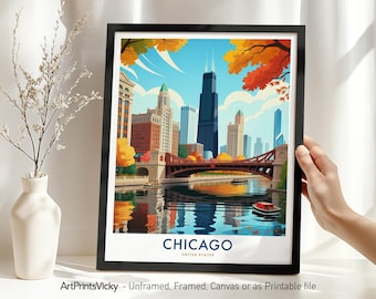 Chicago Travel Poster Wall Art - Illinois, Chicago Skyline Print, Wall Hanging Home Office Decor, Housewarming Gift
