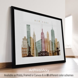 New York Minimalist Skyline Poster in Warm Watercolors, Landscape, Framed, Unframed or Canvas | ArtPrintsVicky