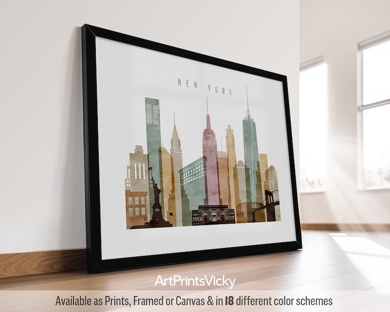 New York Minimalist Skyline Poster in Warm Watercolors, Landscape, Framed, Unframed or Canvas | ArtPrintsVicky