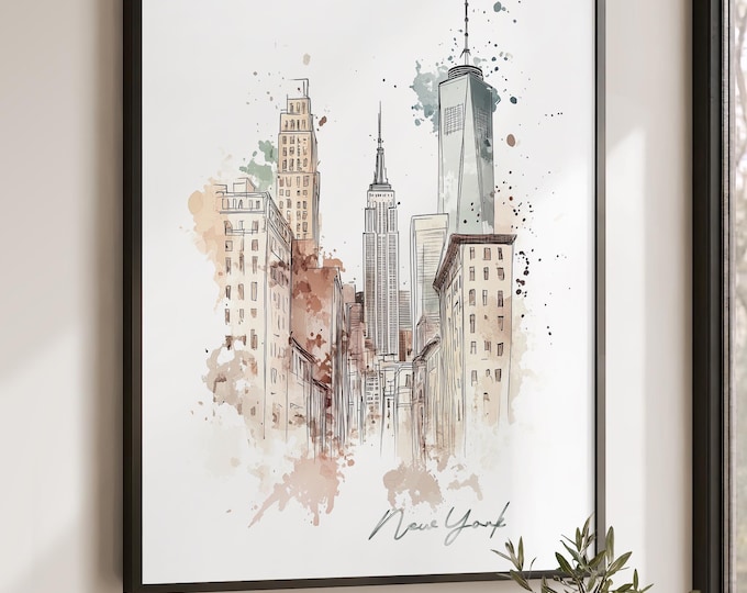 New York Print, Poster Skyline, Wall Art Drawing, NYC Architecture Illustrations