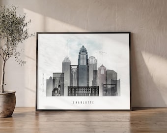 Könnte beinhalten: Ein gerahmter Wandkunstdruck mit einer architektonischen Blaupausen-Illustration der Skyline von Charlotte in Monochrom. Das Design enthält technische Rasterlinien, schwache geometrische Skizzen und das Wort CHARLOTTE in schwarzer Schrift.
