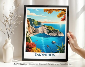 Zakynthos Greece Travel Poster | Zakynthos Print | Shipwreck Beach Art | Navagio Beach Wall Art Home Decor