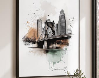 Cincinnati art print, Poster watercolor, Ohio skylline wall art cityscape